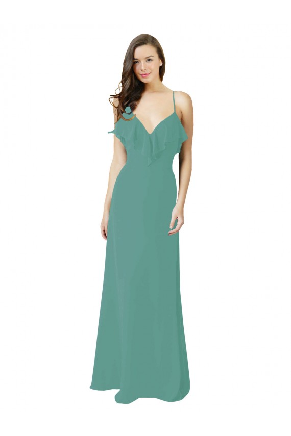 Argent islandais Trapèze Bretelles spaghetti Col V Mousseline Longue Robes demoiselle d'honneur Prix Réduit