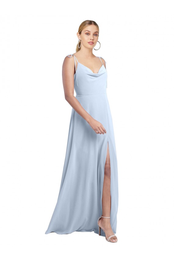 Bleu ciel clair Trapèze Bretelles spaghetti Mousseline Longue Robes demoiselle d'honneur Prix Réduit