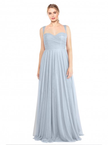 Bleu ciel clair Trapèze Bretelles spaghetti Tulle Longue Robes demoiselle d'honneur Prix Réduit