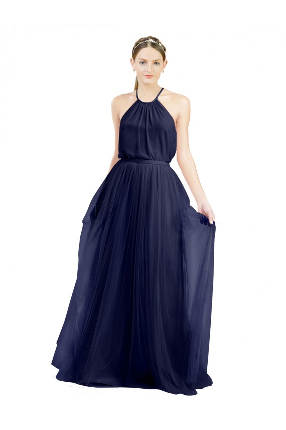 Bleu marine 21 Trapèze Licou Col Haut Tulle Longue Robes demoiselle d'honneur Prix Réduit