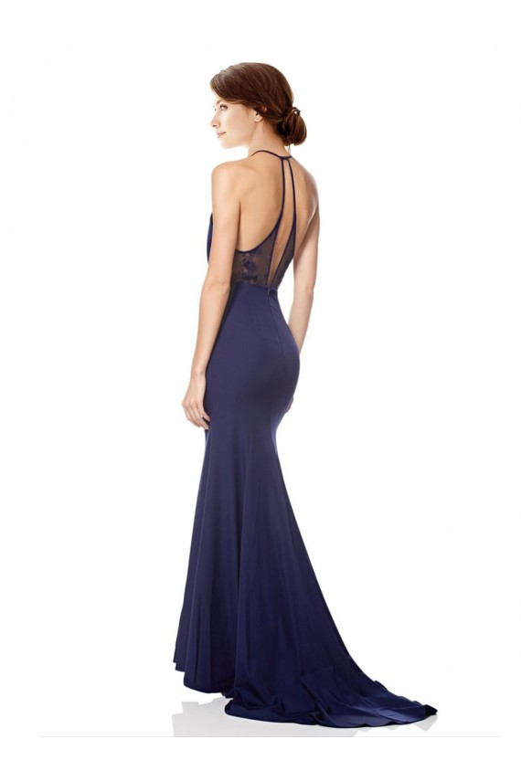 Bleu marine Sirène Licou Col Haut Crêpe Stretch Longue Formelles Robes demoiselle d'honneur / Robes de soirée / Robes de bal Prix Réduit