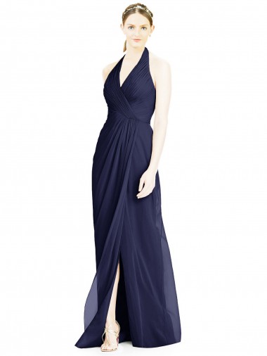 Bleu marine foncé Trapèze Licou Col V Mousseline Longue Robes demoiselle d'honneur Prix Réduit