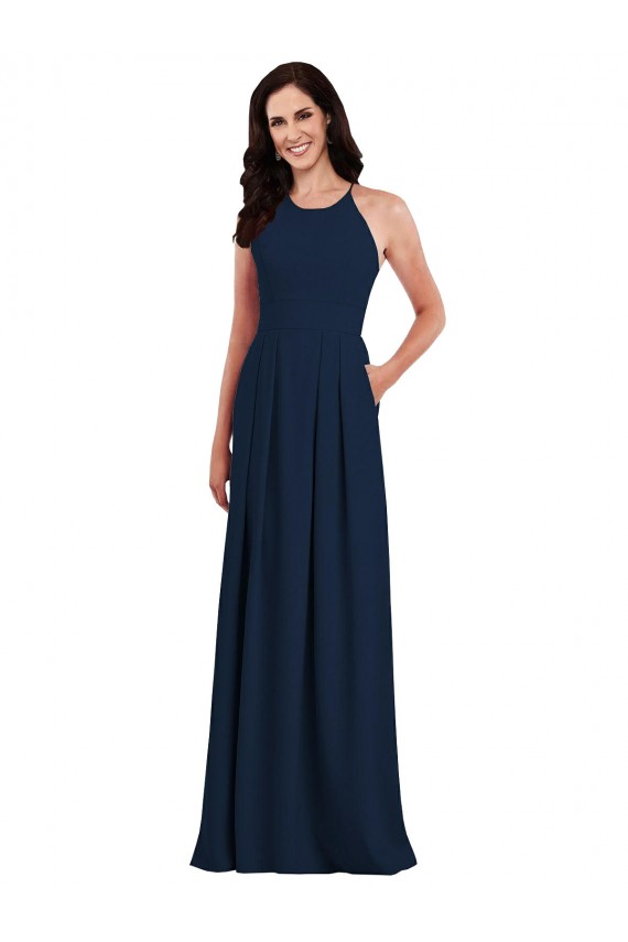 Bleu marine foncé Trompette Licou Crêpe Stretch Longue Robes demoiselle d'honneur Prix Réduit