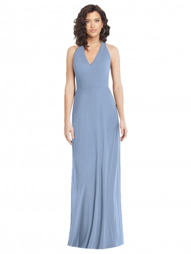 Bleu poussiéreux Trompette Licou Col V Mousseline Longue Formelles Robes demoiselle d'honneur / Robes de soirée Prix Réduit