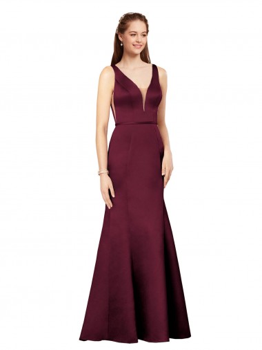 Bordeaux Fourreau Col V Satiné Longue Formelles Robes demoiselle d'honneur / Robes de soirée / Robes de bal Prix Réduit