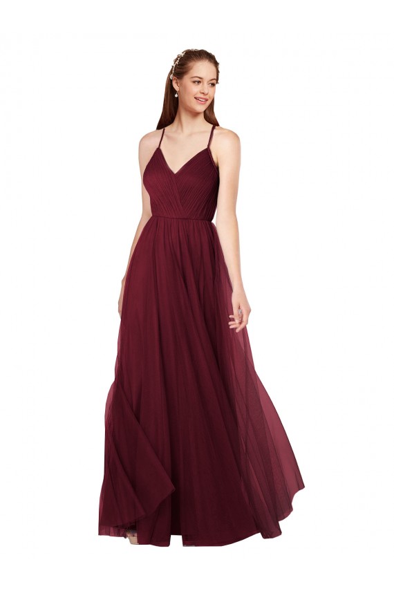 Bordeaux Trapèze Bretelles spaghetti Col V Tulle Longue Robes demoiselle d'honneur Prix Réduit