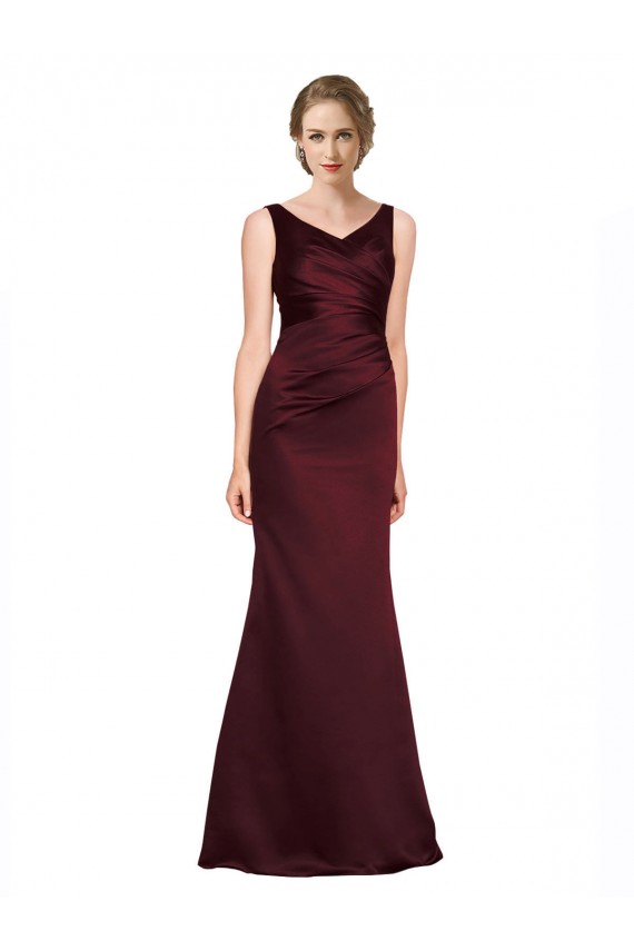Bordeaux Trapèze Col V Satiné Longue Formelles Robes demoiselle d'honneur / Robes de soirée / Robes de bal Prix Réduit