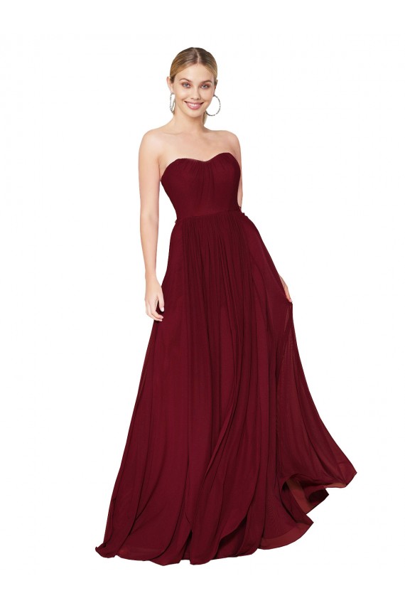Bordeaux Trapèze Sans bretelle Mousseline Longue Formelles Robes demoiselle d'honneur / Robes de soirée / Robes de bal Prix Réduit