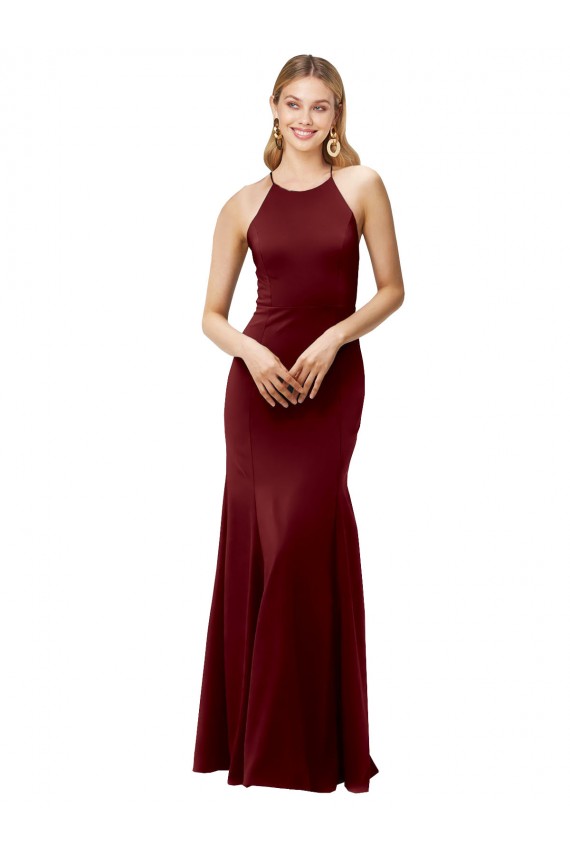 Bordeaux foncé Sirène Licou Col Haut Crêpe Stretch Longue Formelles Robes demoiselle d'honneur / Robes de soirée / Robes de bal Prix Réduit
