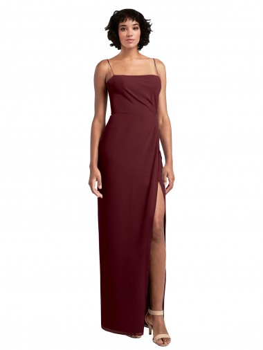 Bordeaux foncé Trapèze Bretelles spaghetti Col Carré Mousseline Longue Robes demoiselle d'honneur Prix Réduit