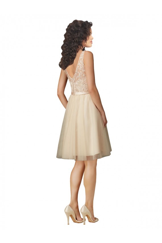 Champagne Trapèze Col V Tulle Dentelle Courte Robes demoiselle d'honneur Prix Réduit