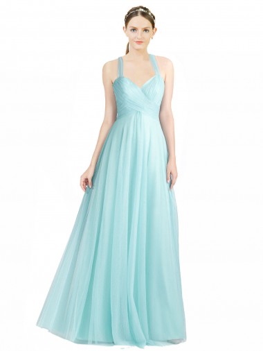 Menthe verte Trapèze Bretelles spaghetti Tulle Longue Robes demoiselle d'honneur Prix Réduit