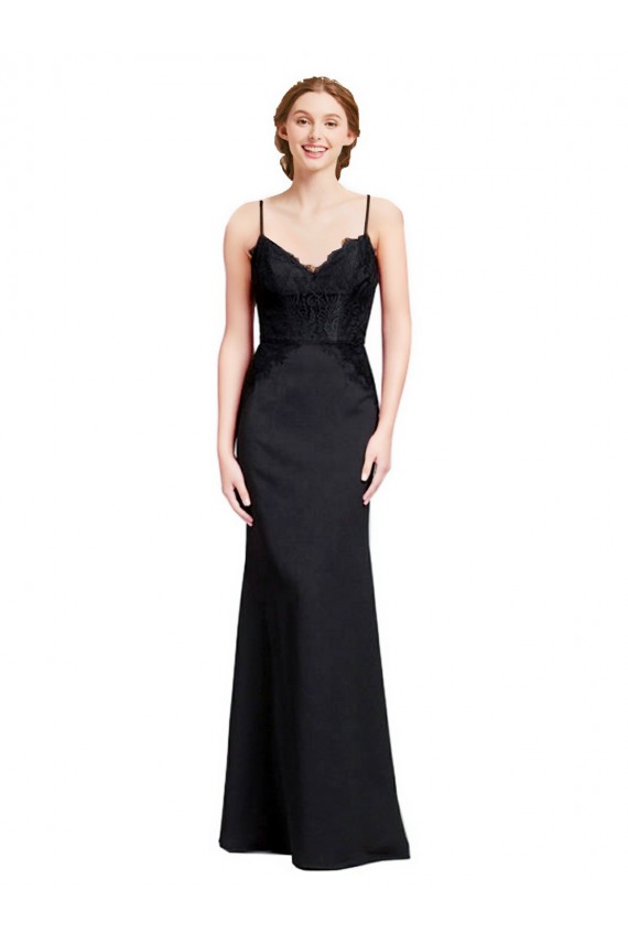 Noir Sirène Bretelles spaghetti Col V Crêpe Stretch Longue Robes demoiselle d'honneur / Robes de bal Prix Réduit