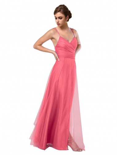 Pastèque Trapèze Bretelles spaghetti Tulle Longue Robes demoiselle d'honneur Prix Réduit