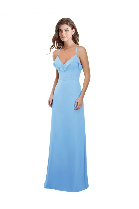 Periwinkle Trapèze Bretelles spaghetti Mousseline Longue Robes demoiselle d'honneur Prix Réduit