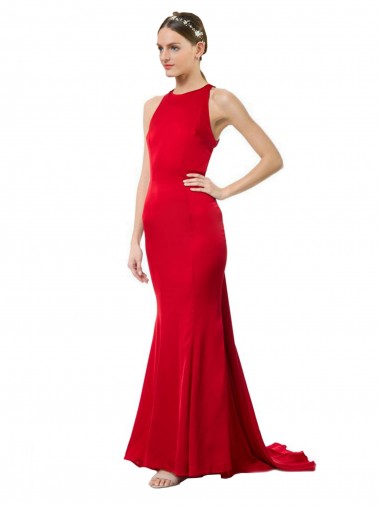 Rouge Sirène Licou Col Haut Crêpe Stretch Longue Formelles Robes demoiselle d'honneur / Robes de soirée / Robes de bal Prix Réduit