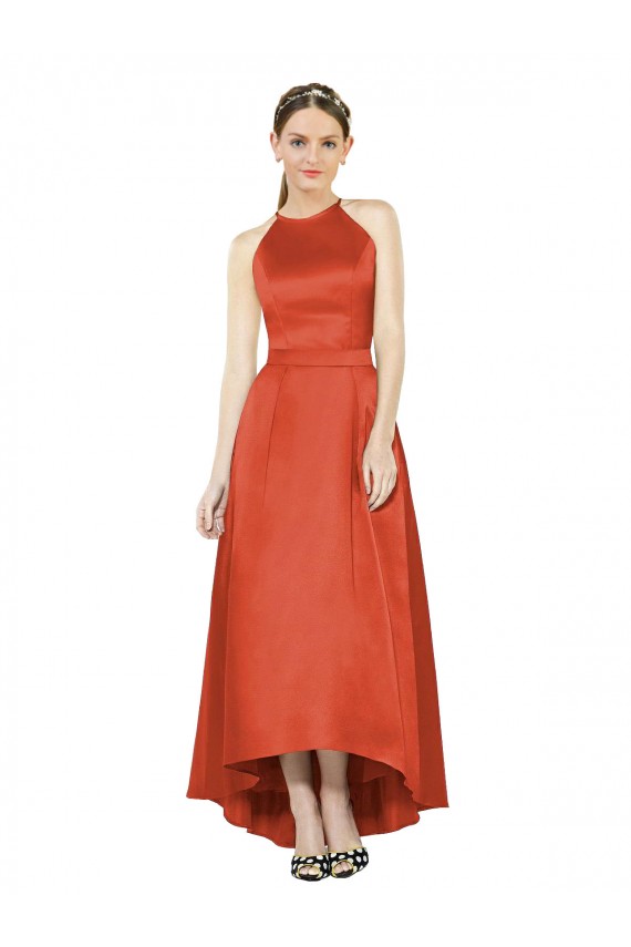 Rouge Épice Trapèze Licou Satiné Longue Asymétrique Robes demoiselle d'honneur Prix Réduit