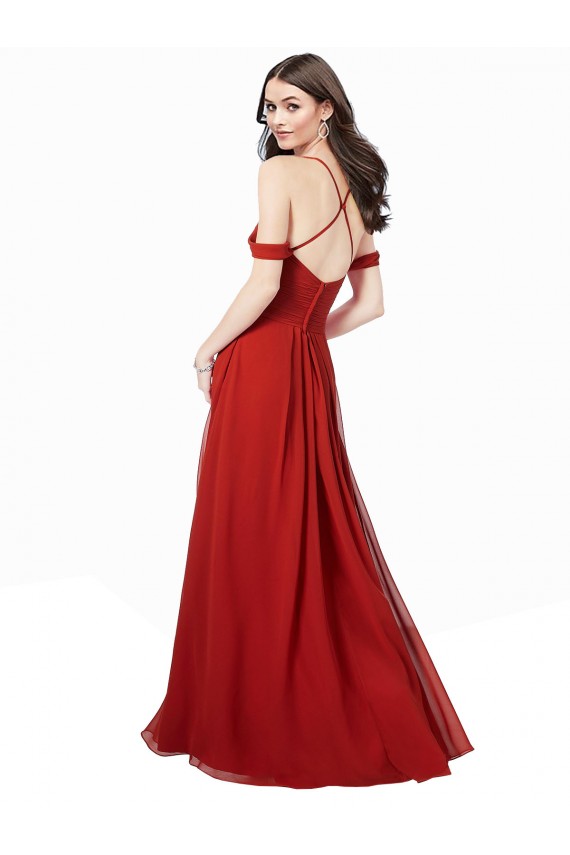 Rouge foncé Trapèze Col V Mousseline Longue Robes demoiselle d'honneur Prix Réduit