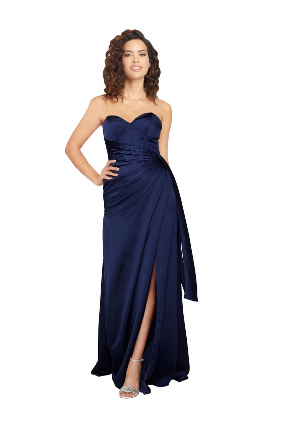 Saphir Trapèze Sans bretelle Satiné Soyeux Longue Formelles Robes demoiselle d'honneur / Robes de soirée / Robes de bal Prix Réduit