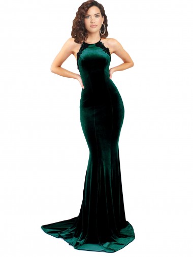 Vert foncé Sirène Col Haut Balayage train Velours Stretch Longue Formelles Robes demoiselle d'honneur / Robes de soirée / Robes de bal Prix Réduit
