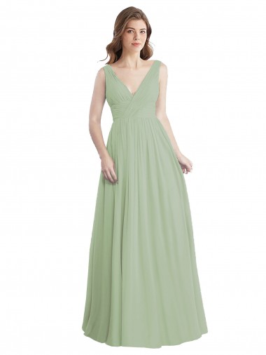 Vert fumée Trapèze Col V Mousseline Longue Robes demoiselle d'honneur Prix Réduit
